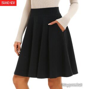 Knee Length Skirt with Pockets Stretchy High Waisted A-Line Midi